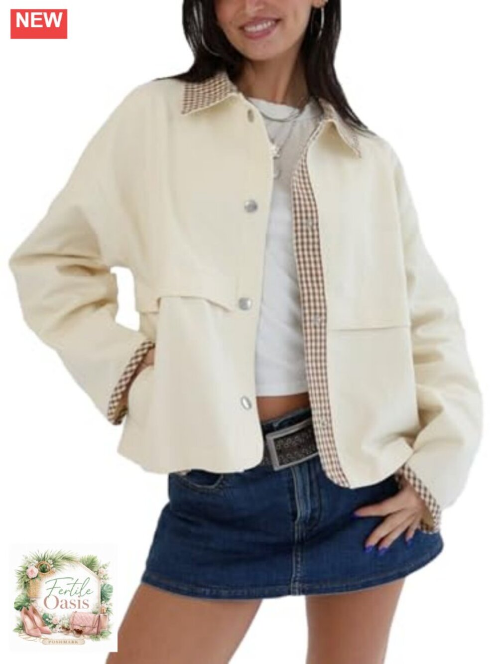Womens Lightweight Cropped Barn Jacket Button Down Vintage Plaid Patchwork Lapel
